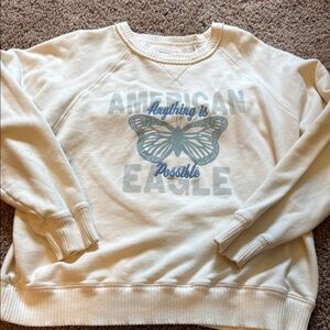 American Eagle Outfitters Cream and Blue Crew Neck Sweater Large